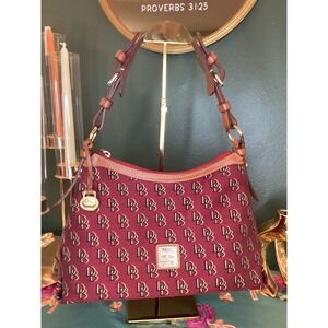 Dooney Bourke Signature Monogram Burgundy Leather‎ Trim Shoulder Bag